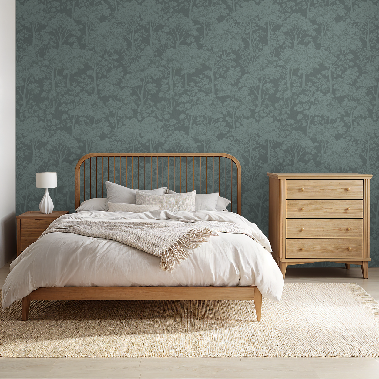 Light teal tree silhouette wallpaper in a modern bedroom with wooden furniture.
