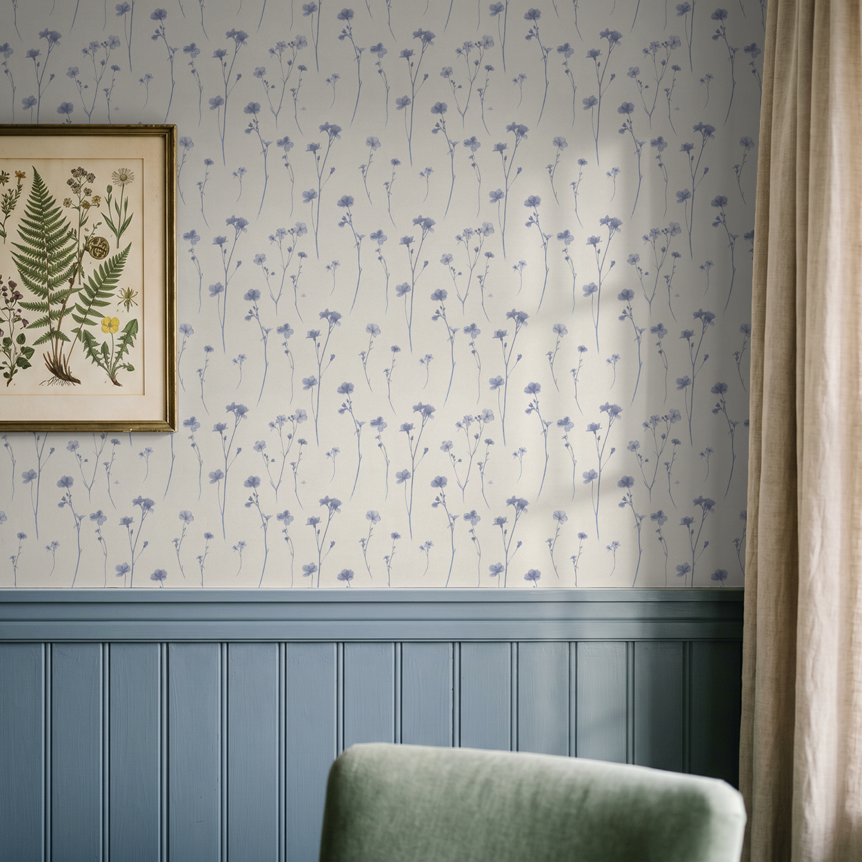 Lila's Meadow wallpaper with lavender floral pattern in a serene room setting.