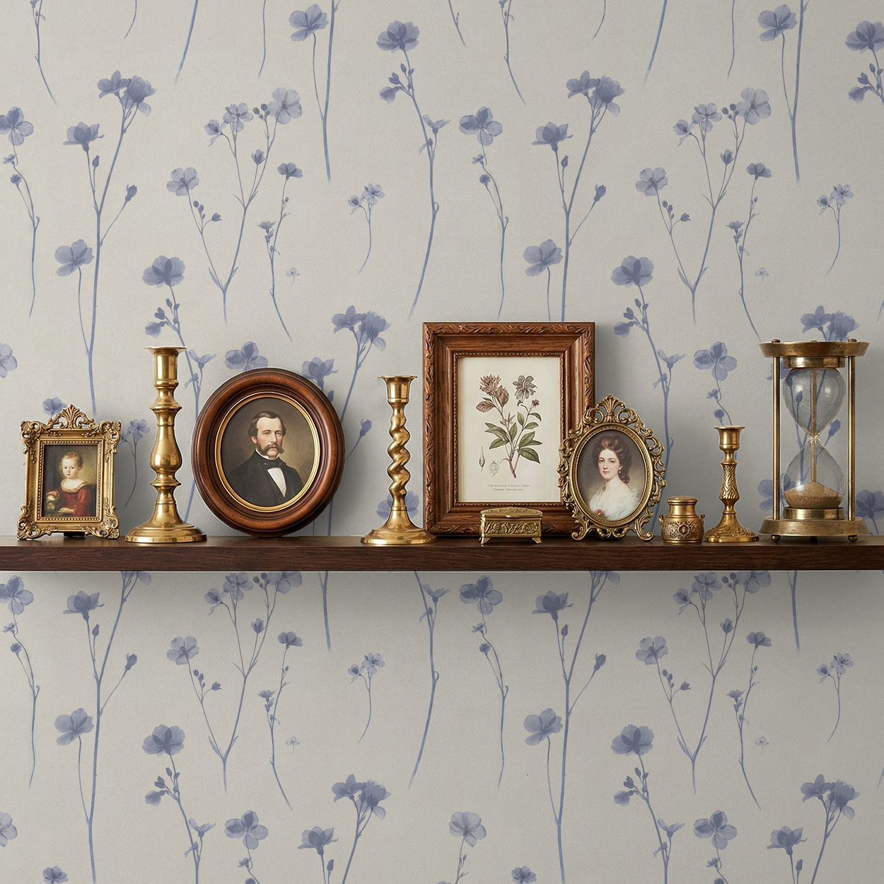 Lila's Meadow wallpaper with lavender floral motifs behind vintage decor on shelf.