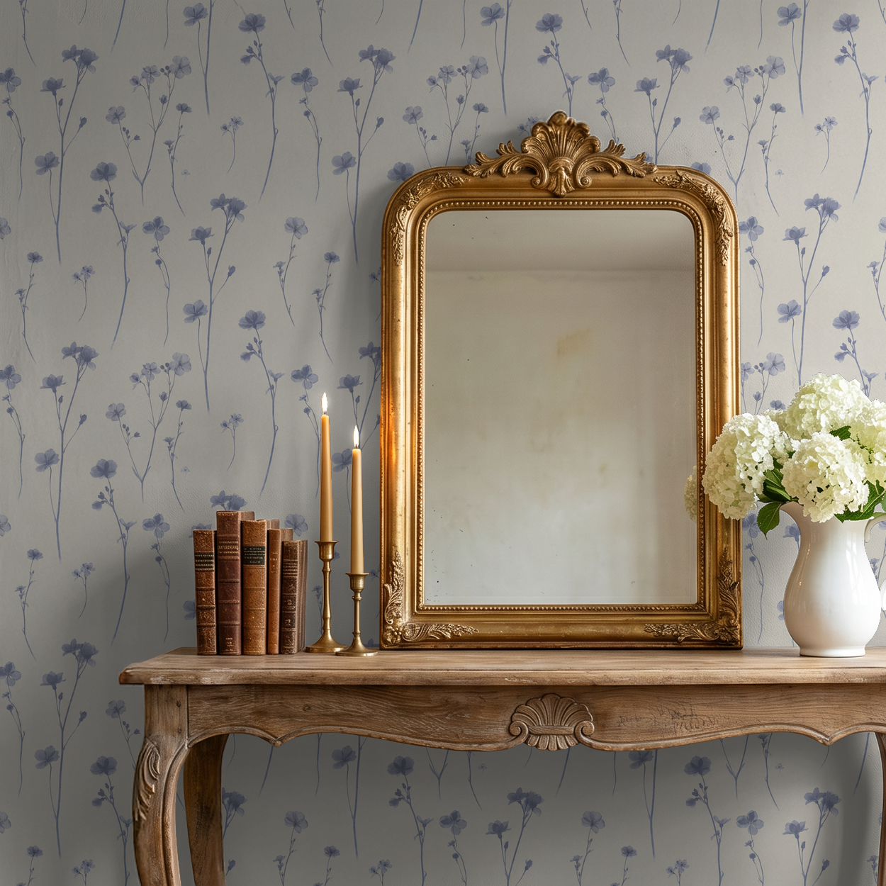 Lila's Meadow wallpaper with lavender floral pattern in vintage room setting.