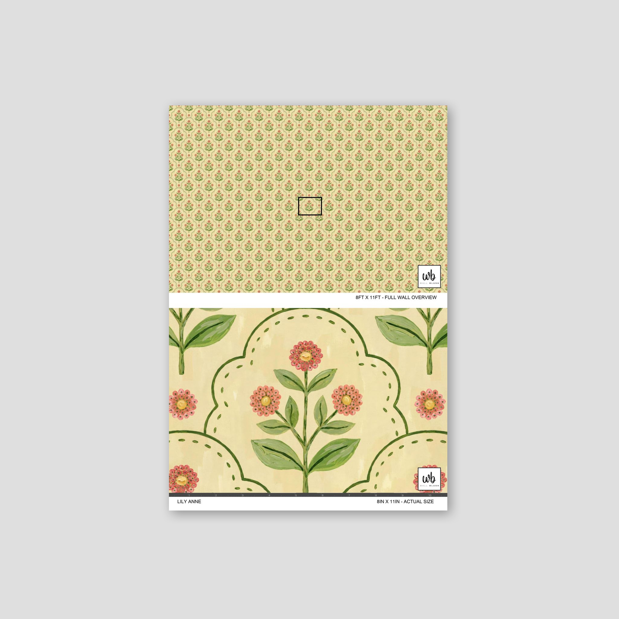 Lily Anne wallpaper with coral floral motifs on a creamy background
