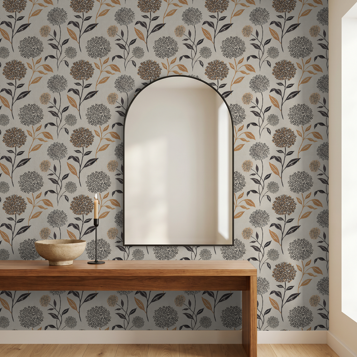Lily Mae floral wallpaper with terracotta and charcoal blooms in modern room setting.