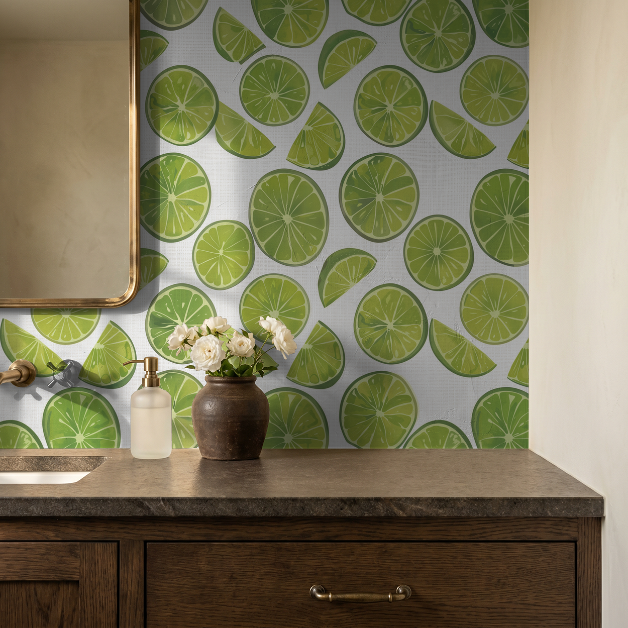 Lime slice patterned wallpaper in a modern bathroom with wooden vanity.