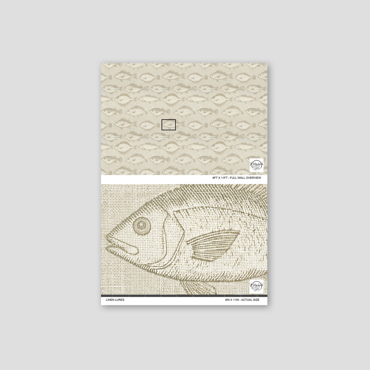 Linen Lures fish pattern wallpaper in sepia tones on linen-like texture