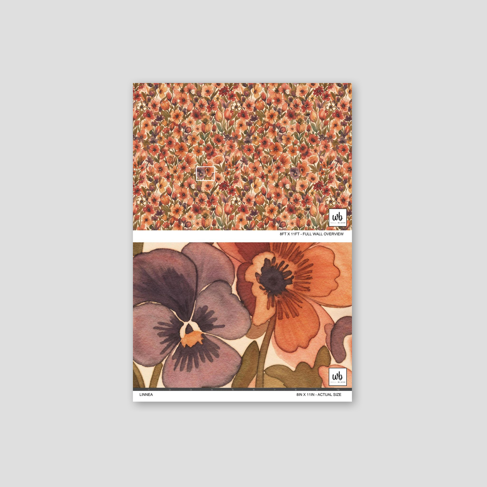 Linnea floral wallpaper with vibrant blooms in warm tones on a sample sheet.
