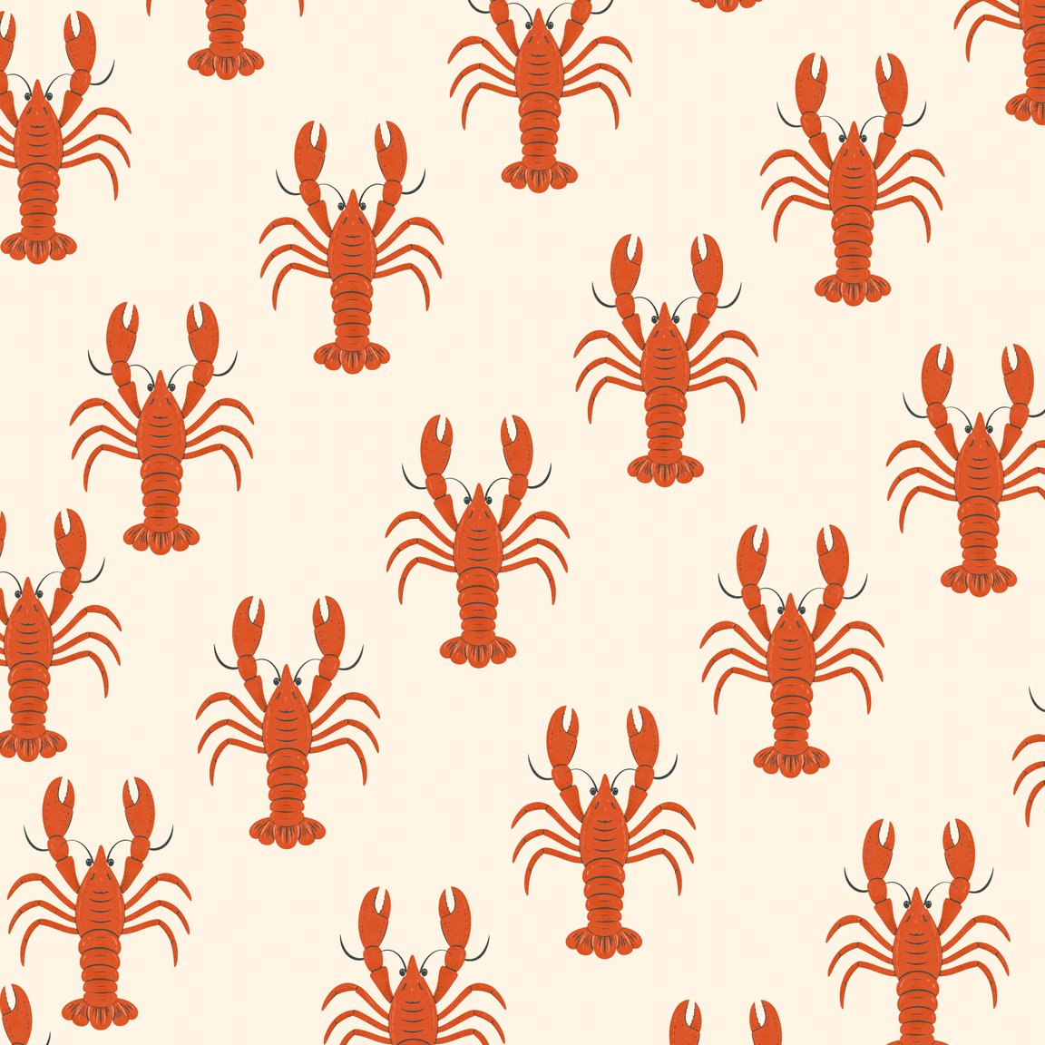 Playful lobster motif wallpaper on cream background, coastal and whimsical style.