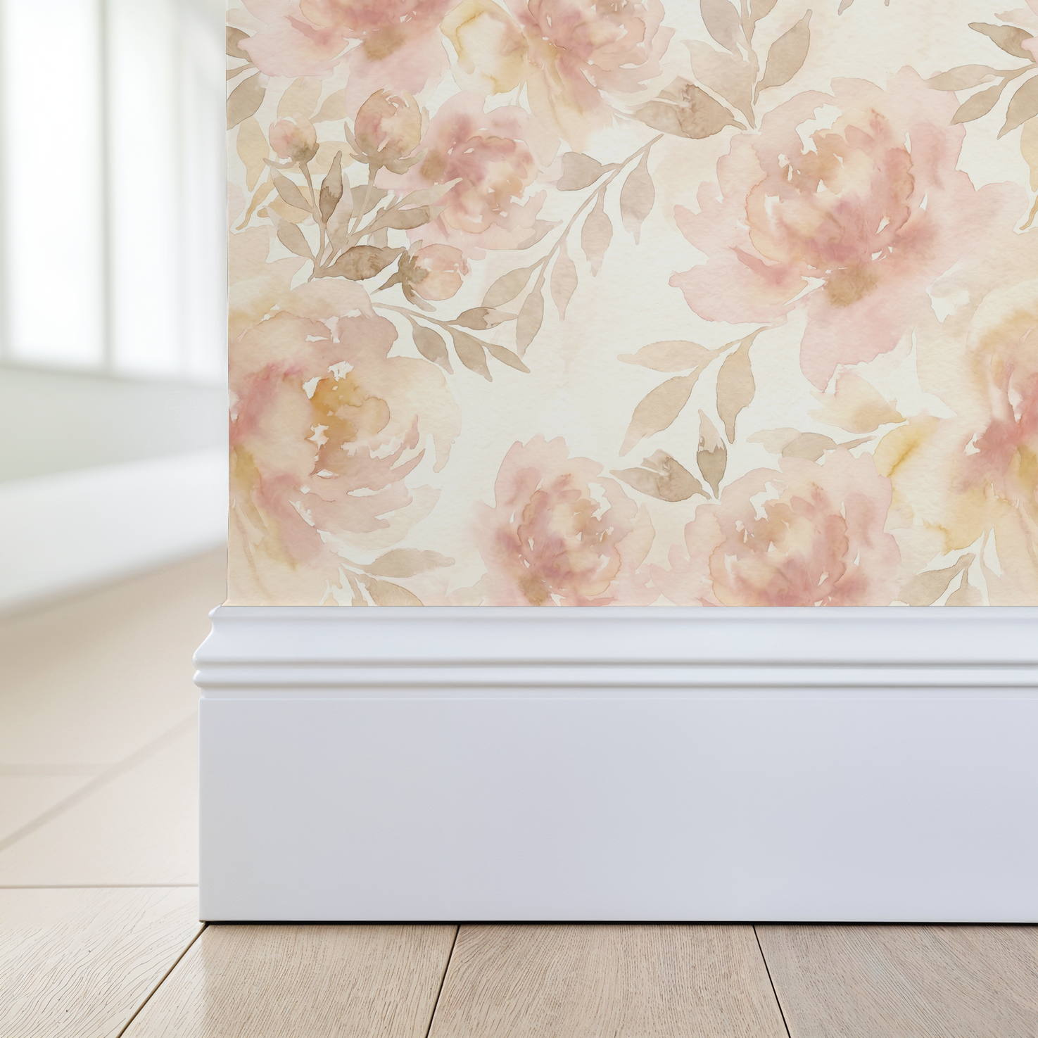 Mabel Floral wallpaper with blush and cream watercolor flowers in a serene room setting.