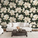 Alt text: Elegant living room featuring Wall Blush SG02 Magnolia Wallpaper as a stunning focal point.
