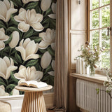 Magnolia Wallpaper by Wall Blush SG02 in a cozy reading corner, showcasing the floral design as the focal point.
