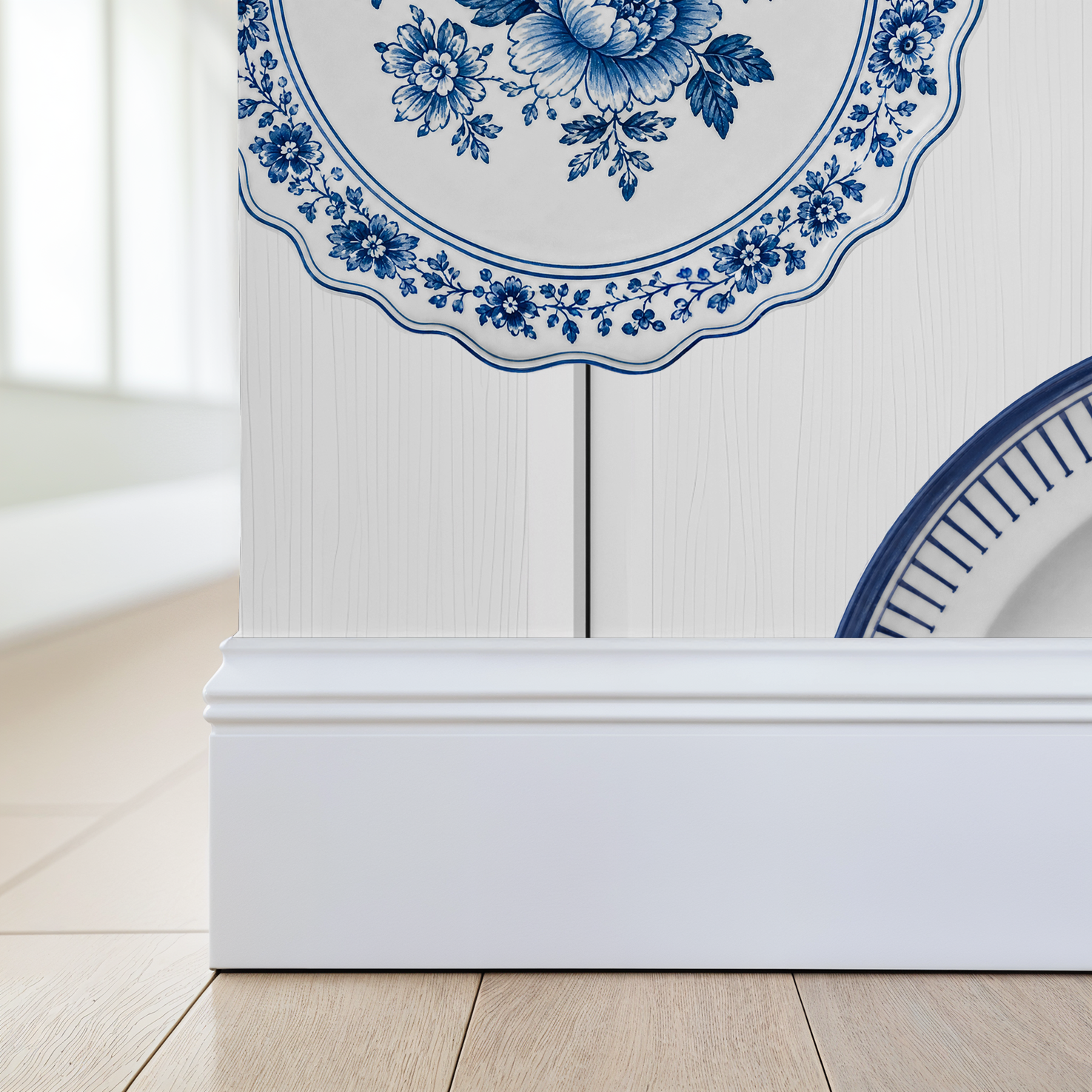 Maison Blue wallpaper with vintage blue floral porcelain plates on wood-grain background.