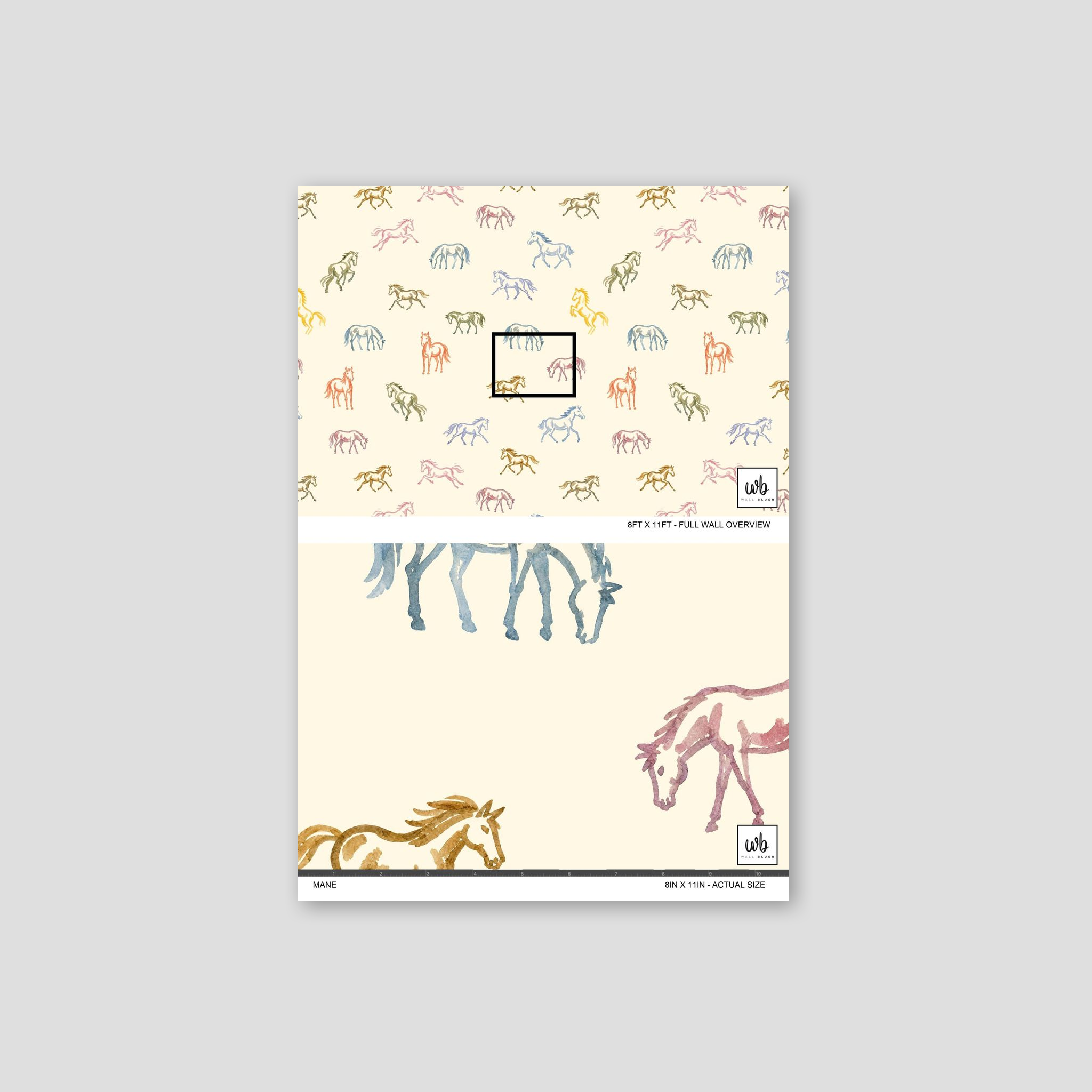 Whimsical watercolor horse pattern wallpaper on a creamy backdrop.