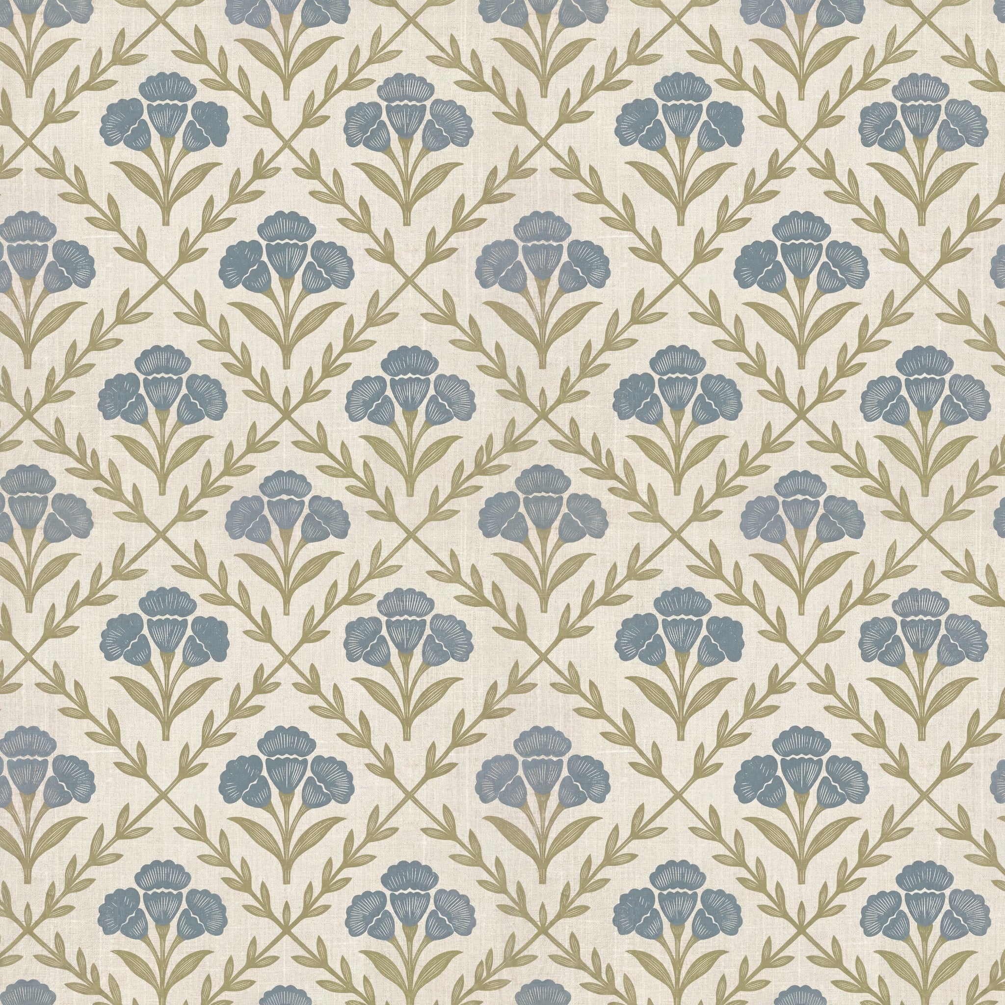 Marielos wallpaper with blue floral motif on beige background