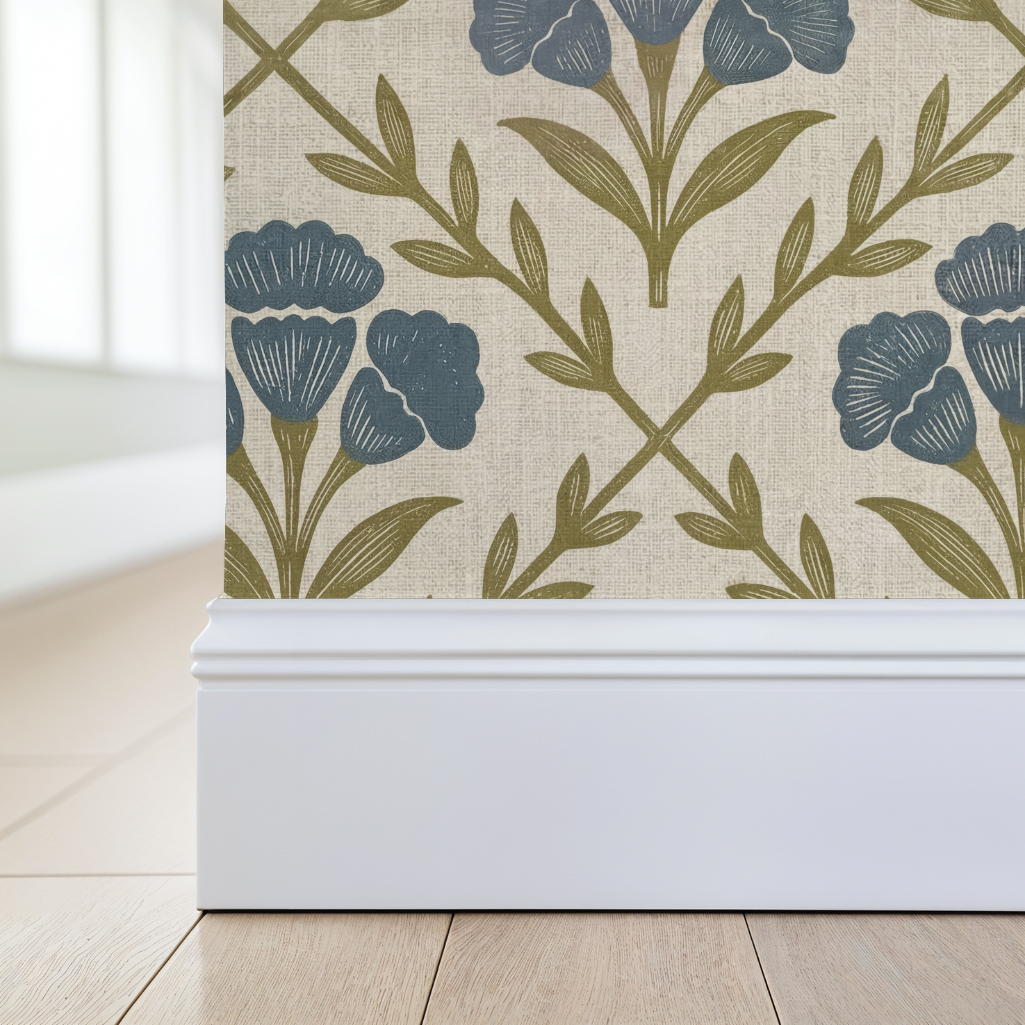 Marielos floral wallpaper with blue and olive green pattern on beige background