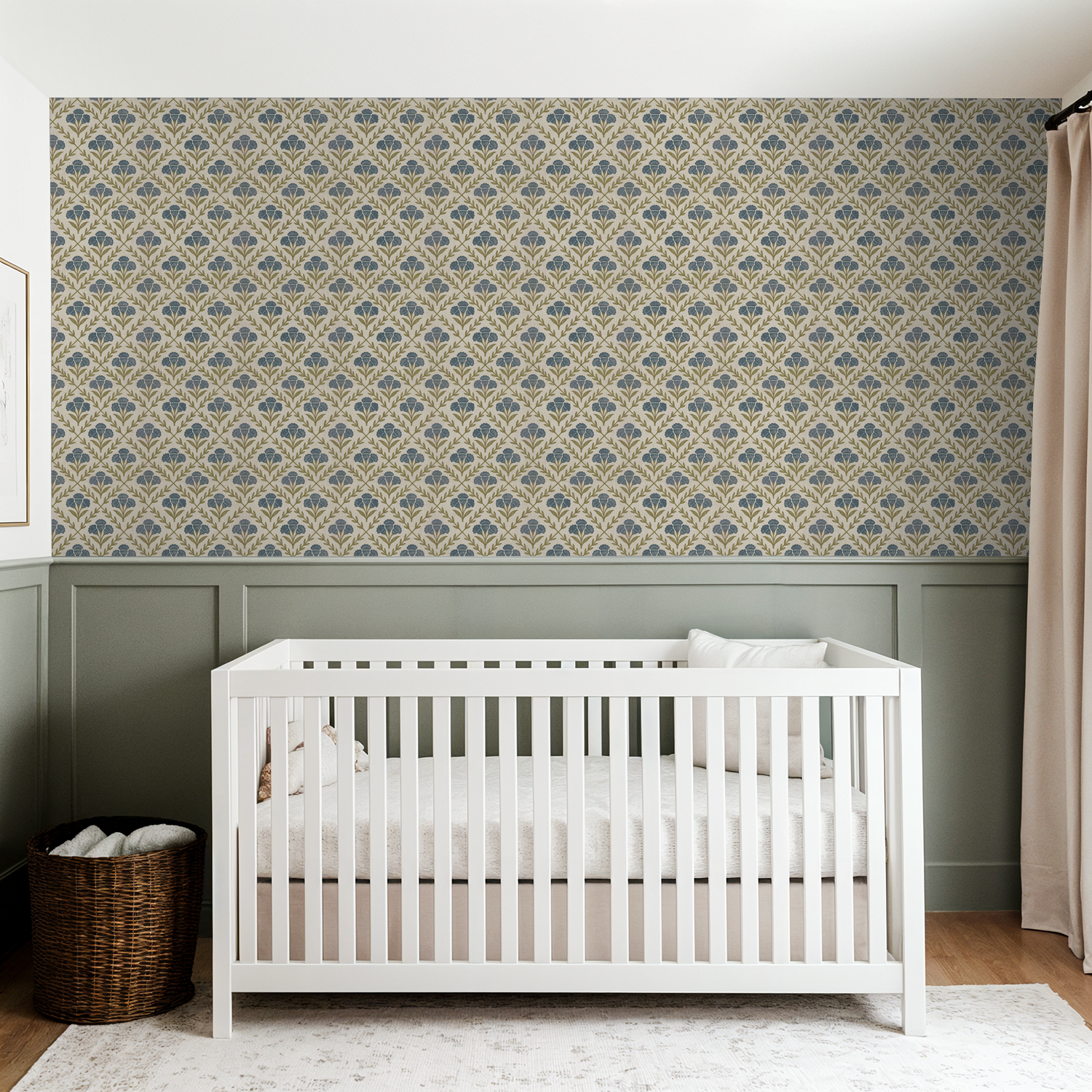 Nursery with Marielos floral wallpaper in blue and olive on beige, white crib.