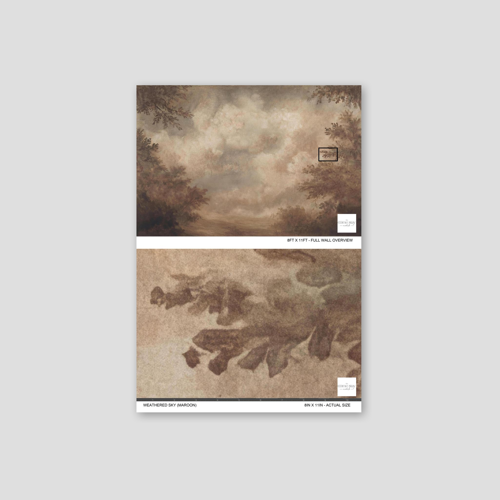 Maroon wallpaper with soft clouds and trees, creating a serene and rustic atmosphere.