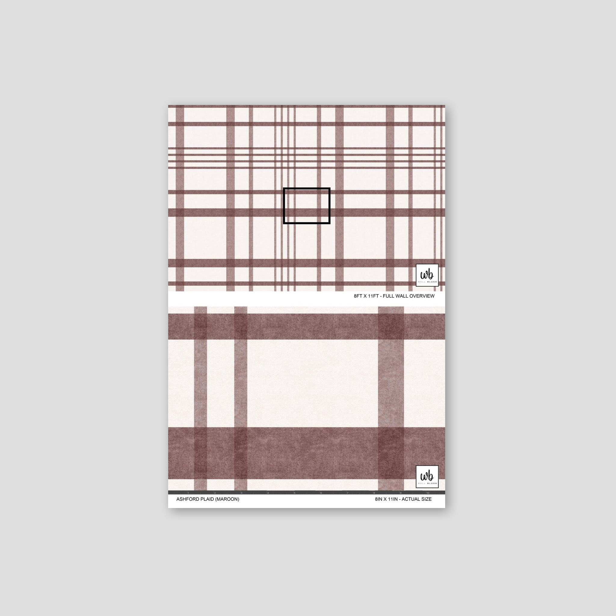 Maroon plaid wallpaper sample with classic warm hues and subtle textures.