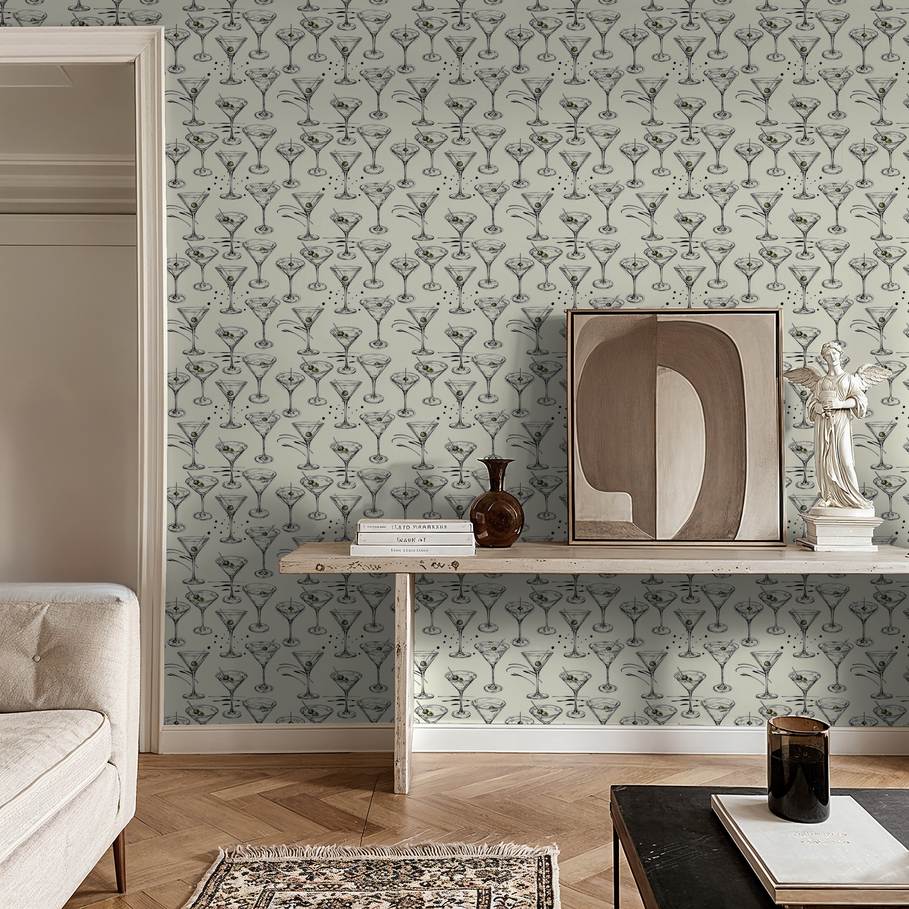 Martini glass pattern wallpaper in elegant living room with decor.