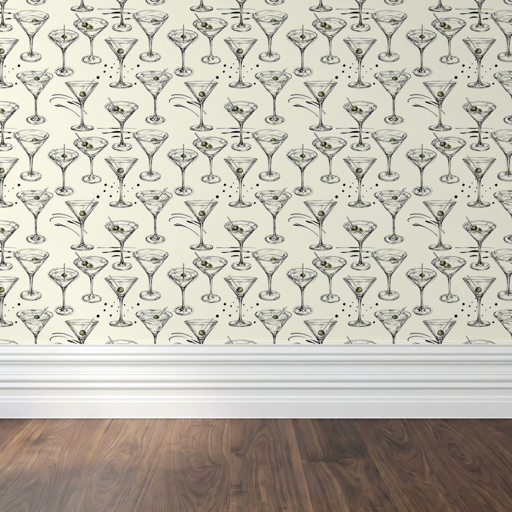 Martini glass wallpaper with olives on cream background, modern chic style.
