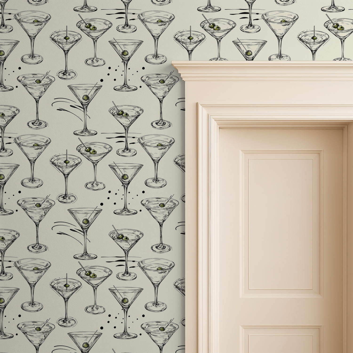 Martini glass wallpaper with olives on cream background in elegant room setting.
