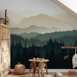 "Roam Wallpaper by Wall Blush in a cozy kids' room highlighting scenic forest design with focus on wallpaper details."