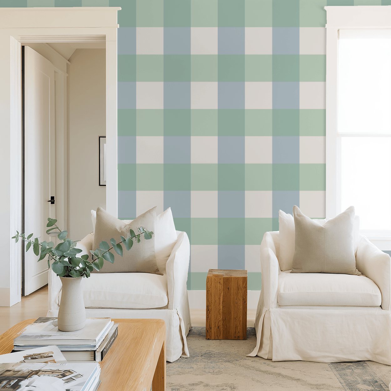 Simply Gingham Large (Green & Blue) Wallpaper
