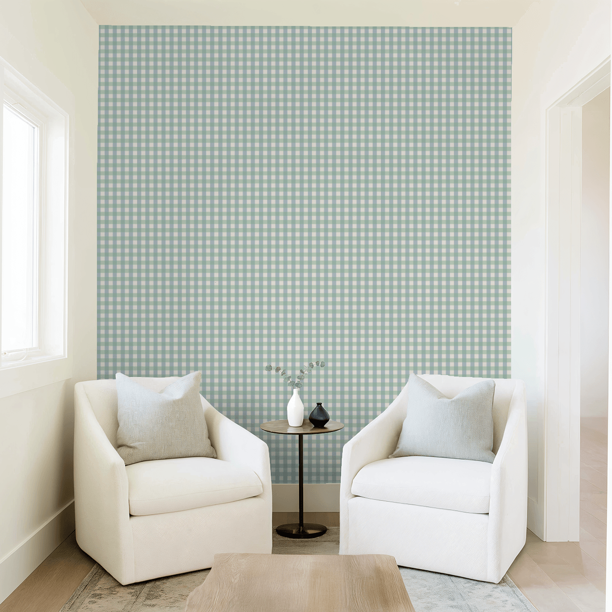 Simply Gingham Small (Green & Blue) Wallpaper