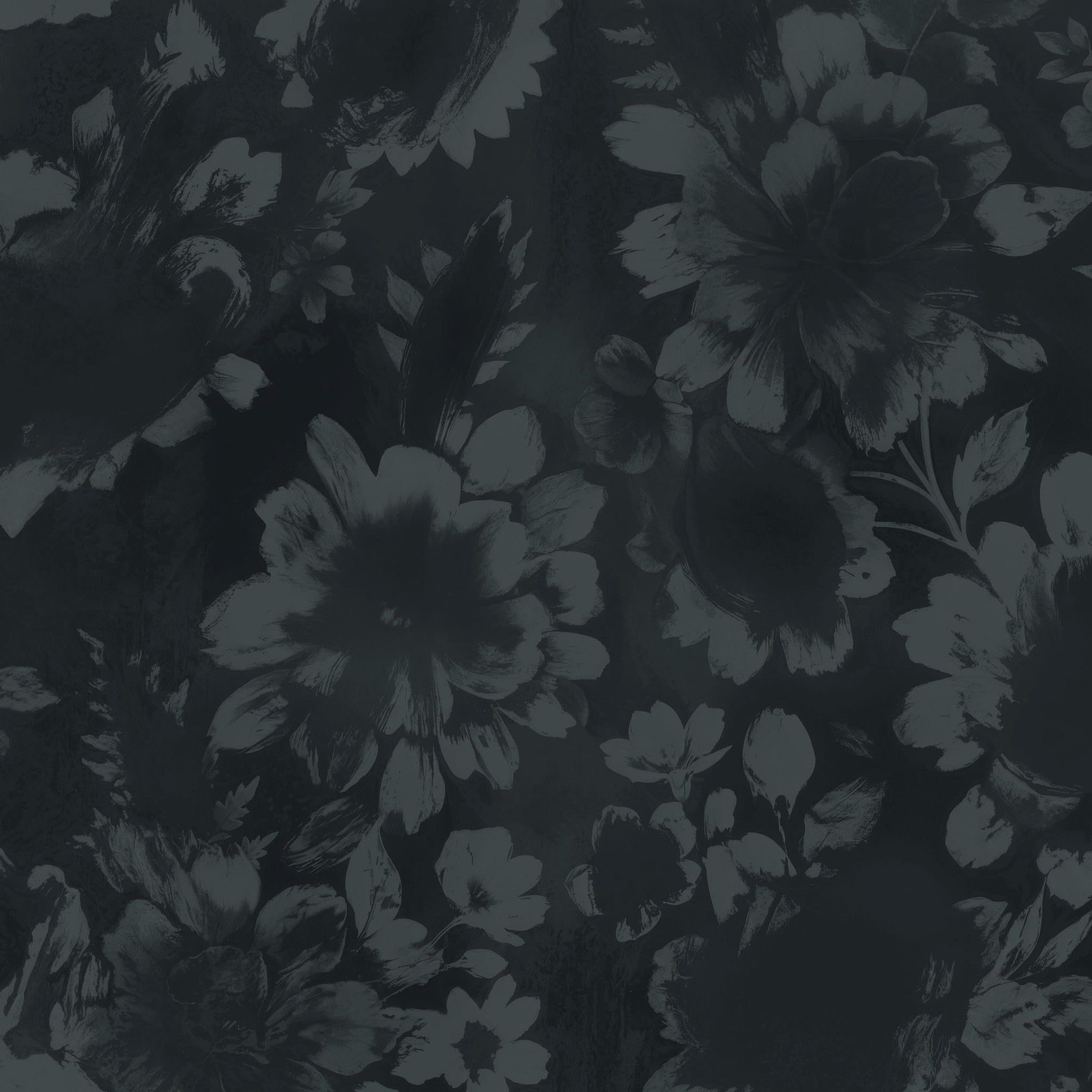 Midnight Bloom navy wallpaper with shadowy floral motifs in silver and graphite tones.
