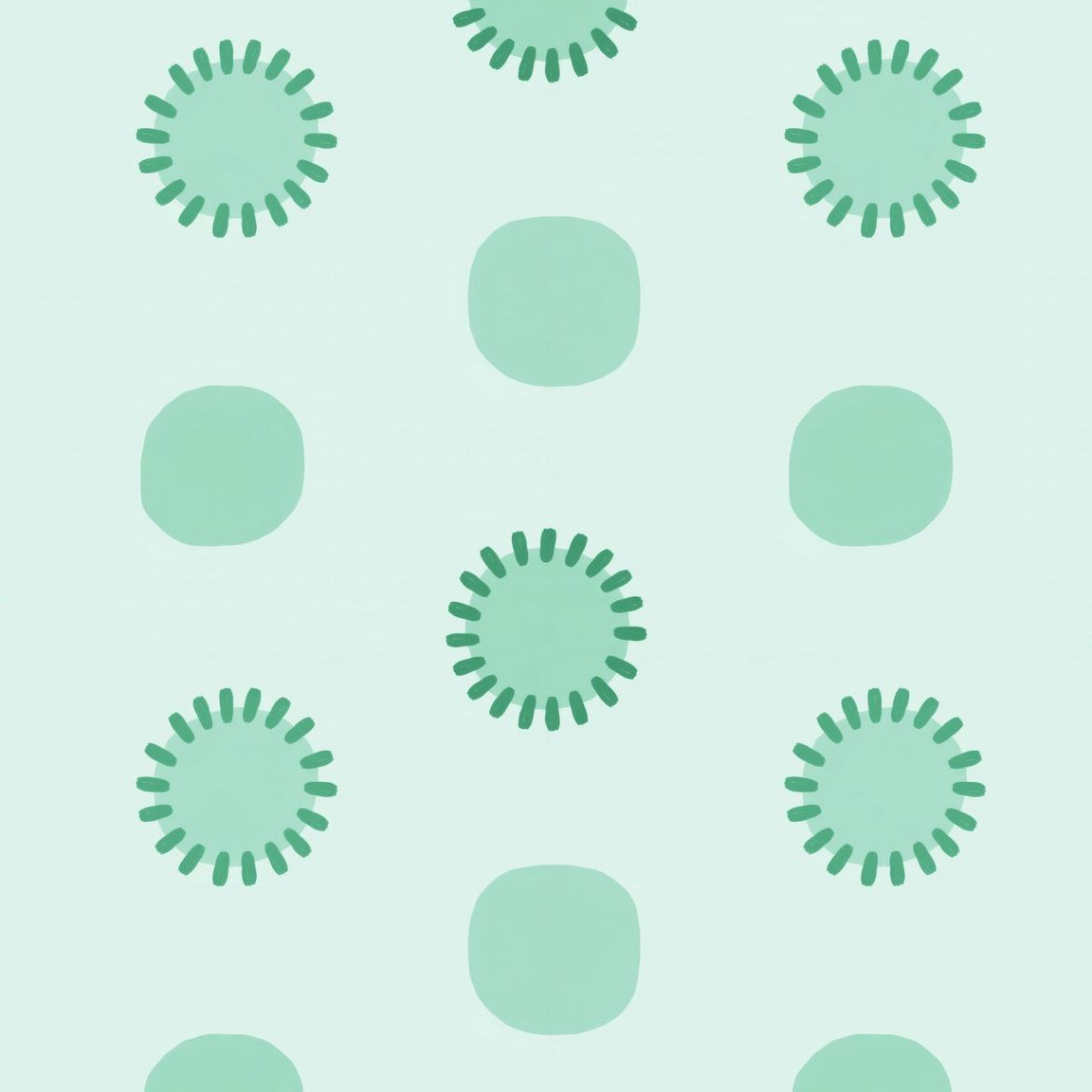Mint green circular geometric wallpaper with playful dot pattern.