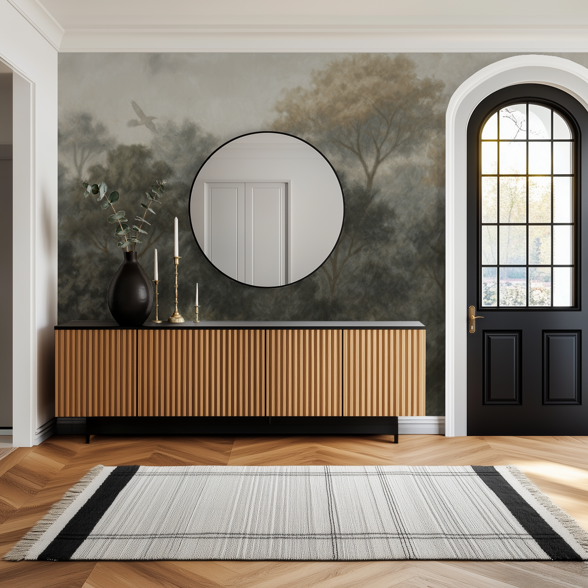 Misty forest wallpaper in muted greys and browns in modern living room with mirror.