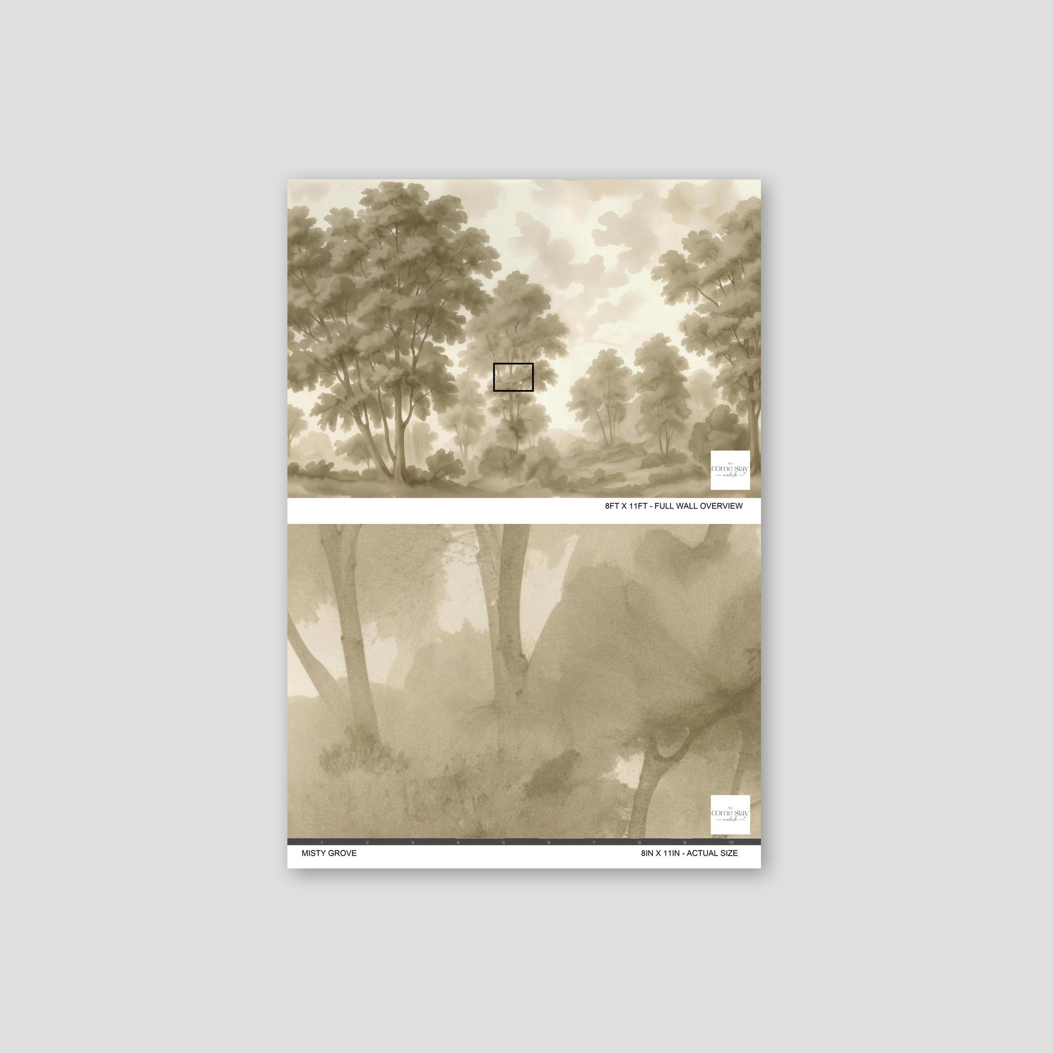 Misty Grove wallpaper with sepia tree silhouettes in a serene landscape.