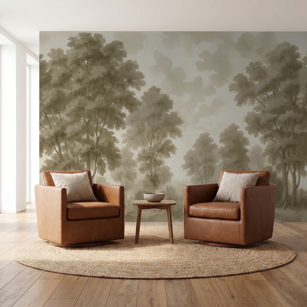 Misty Grove wallpaper with sepia tree silhouettes in serene living room setting.