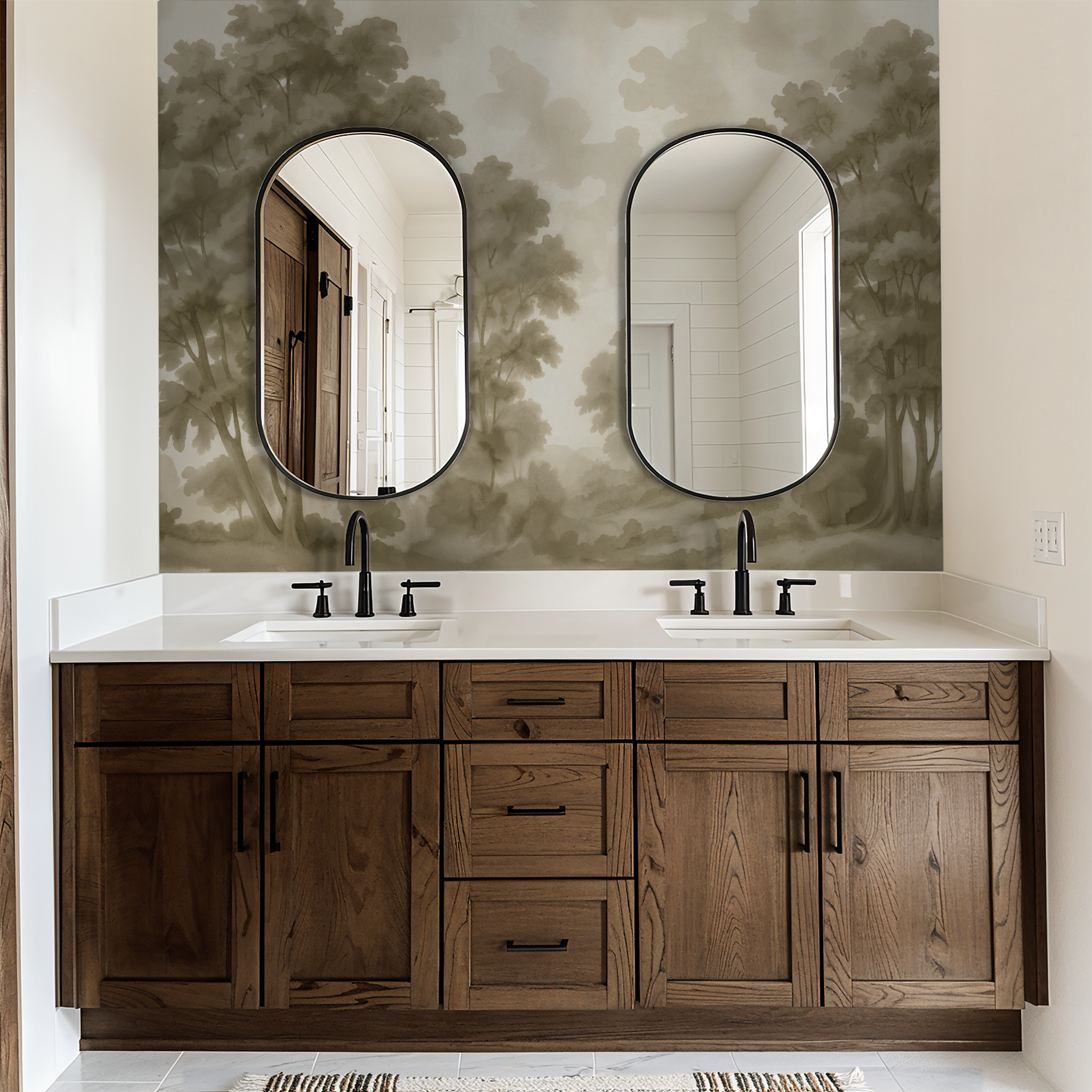 Misty Grove wallpaper with tree silhouettes in sepia tones in a bathroom with wooden vanity.