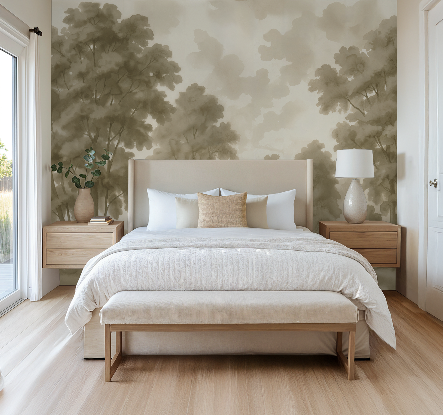 Misty Grove wallpaper with sepia tree silhouettes in serene bedroom setting.