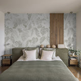 "Leaf Me Be Wallpaper by Wall Blush featured in a modern bedroom setting, showcasing the botanical design as the focal point."