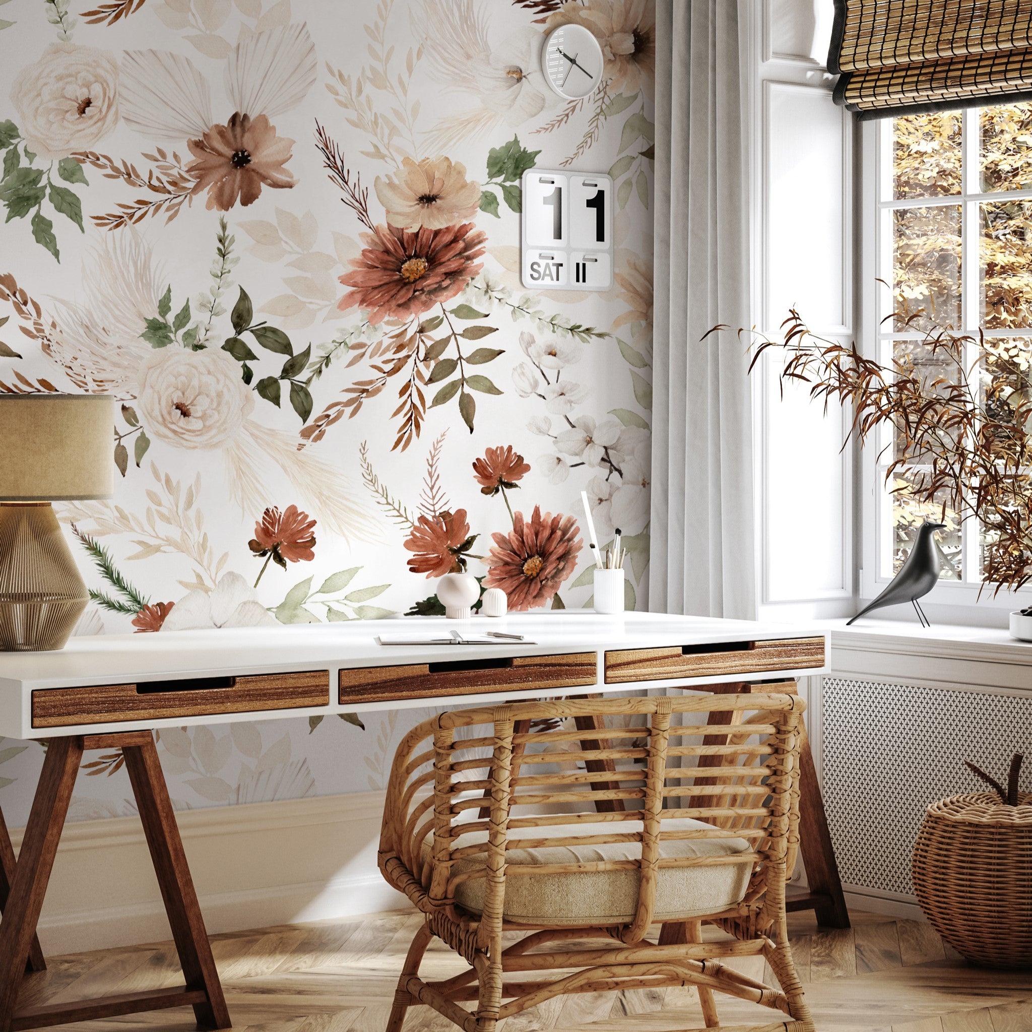 "Ana White floral wallpaper by Wall Blush enhancing a cozy home office ambiance."