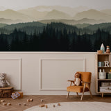 "Children's room showcasing Roam Wallpaper by Wall Blush with a serene forest design, focused on the wall decor."