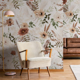 "Wall Blush Ana White Wallpaper in cozy living room with floral pattern focus"
