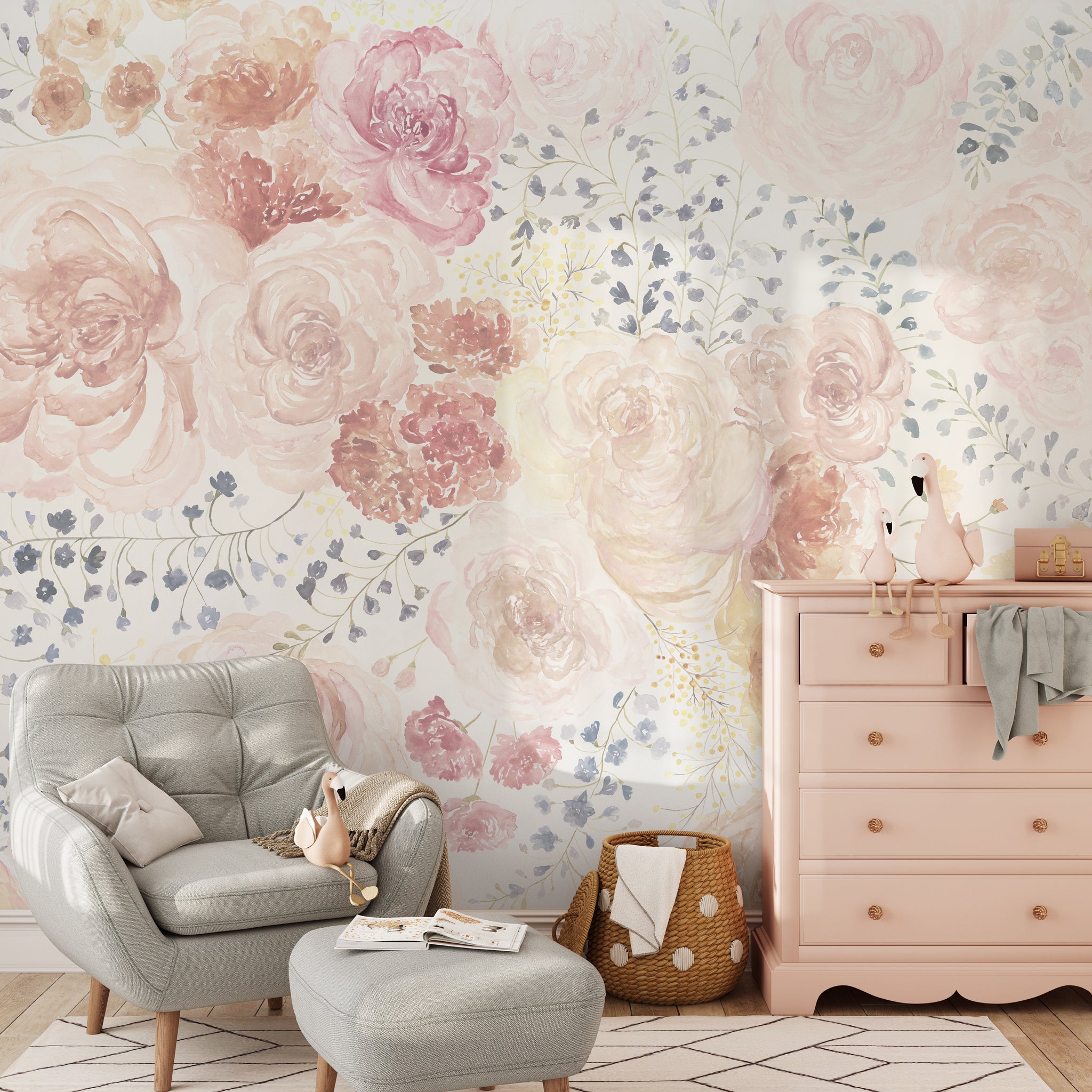 "Wall Blush's Pastel Posey Wallpaper featured in a cozy nursery room with stylish decor accents."