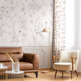 "Lined Meadow Wallpaper by Wall Blush featured in stylish living room with modern decor emphasizing elegance."
