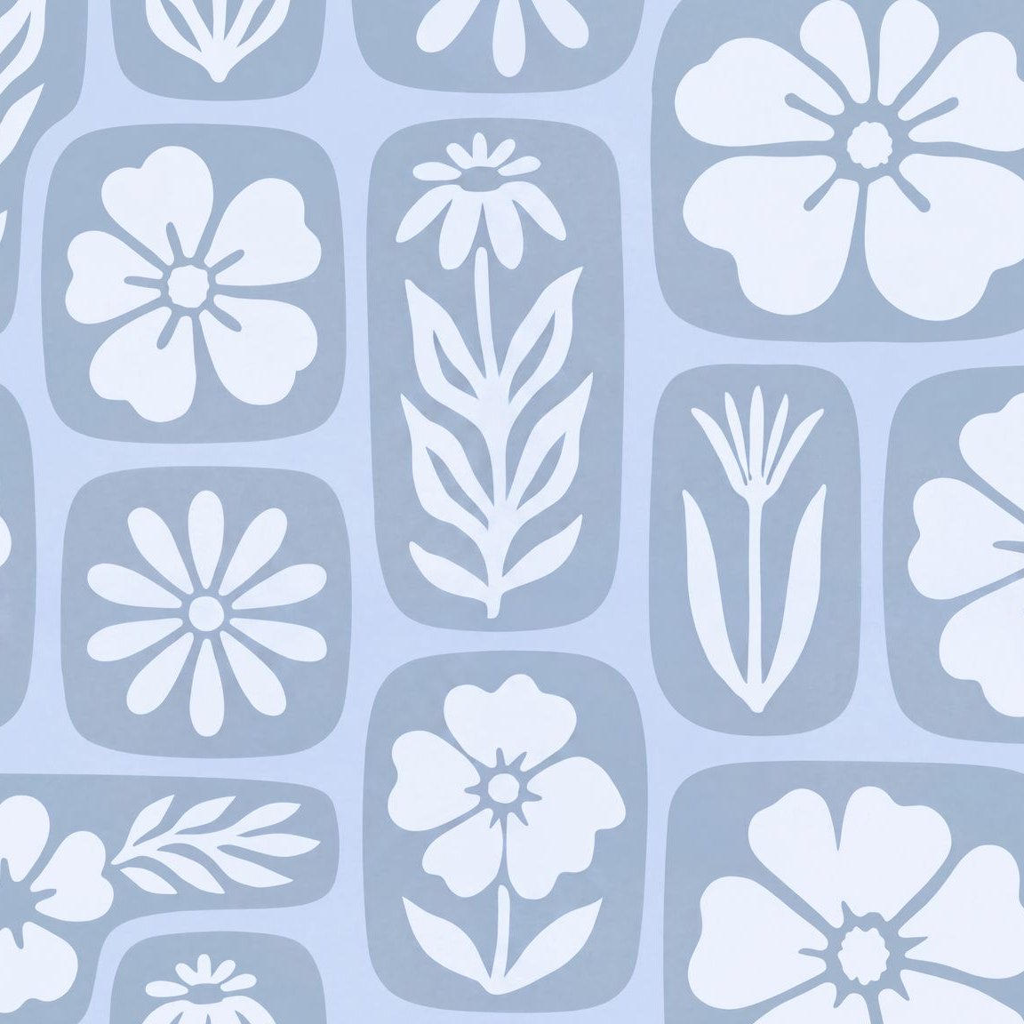 Mono blue floral wallpaper with white botanical motifs in rounded rectangles