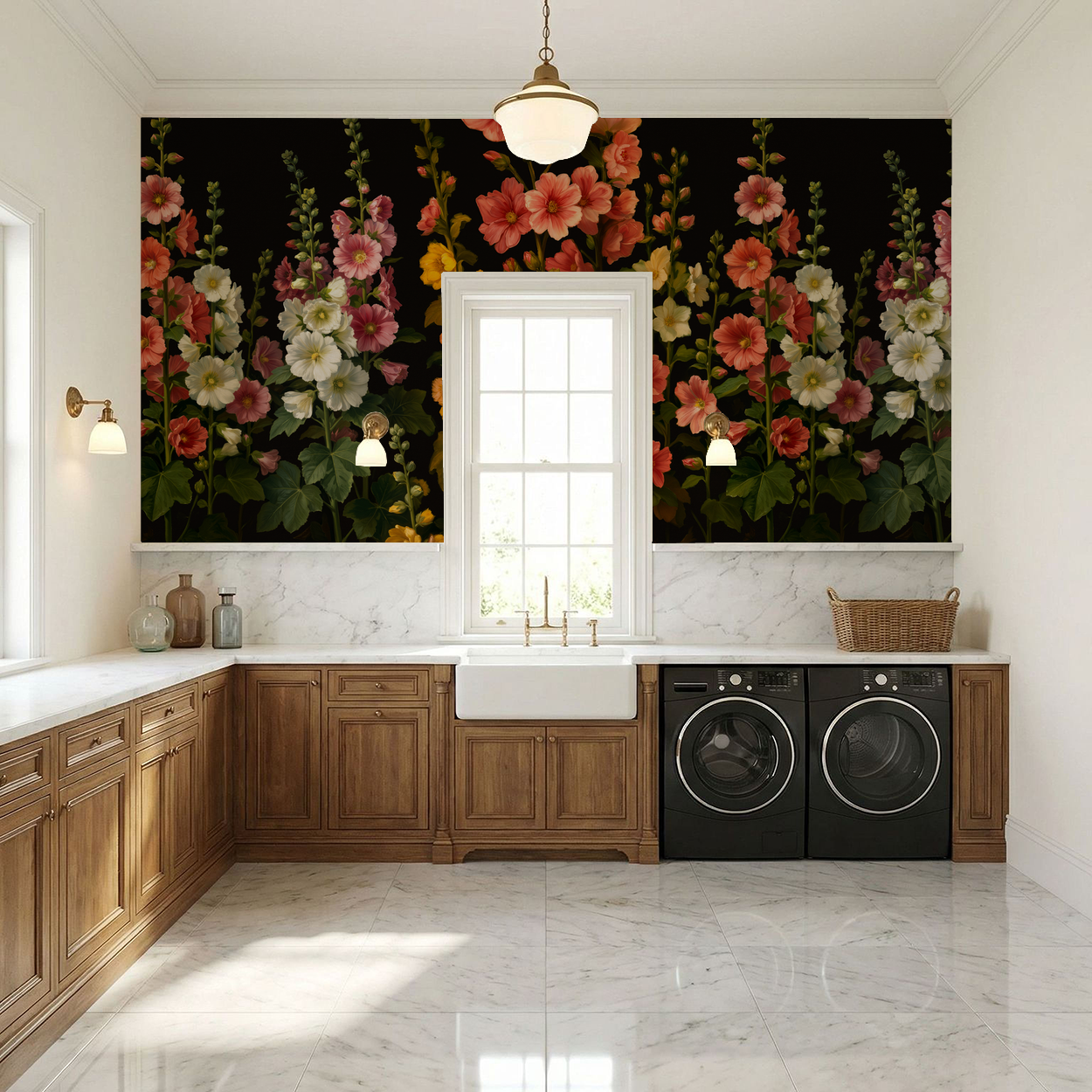 Moonlit Hollyhocks wallpaper with vibrant flowers on black in elegant kitchen.