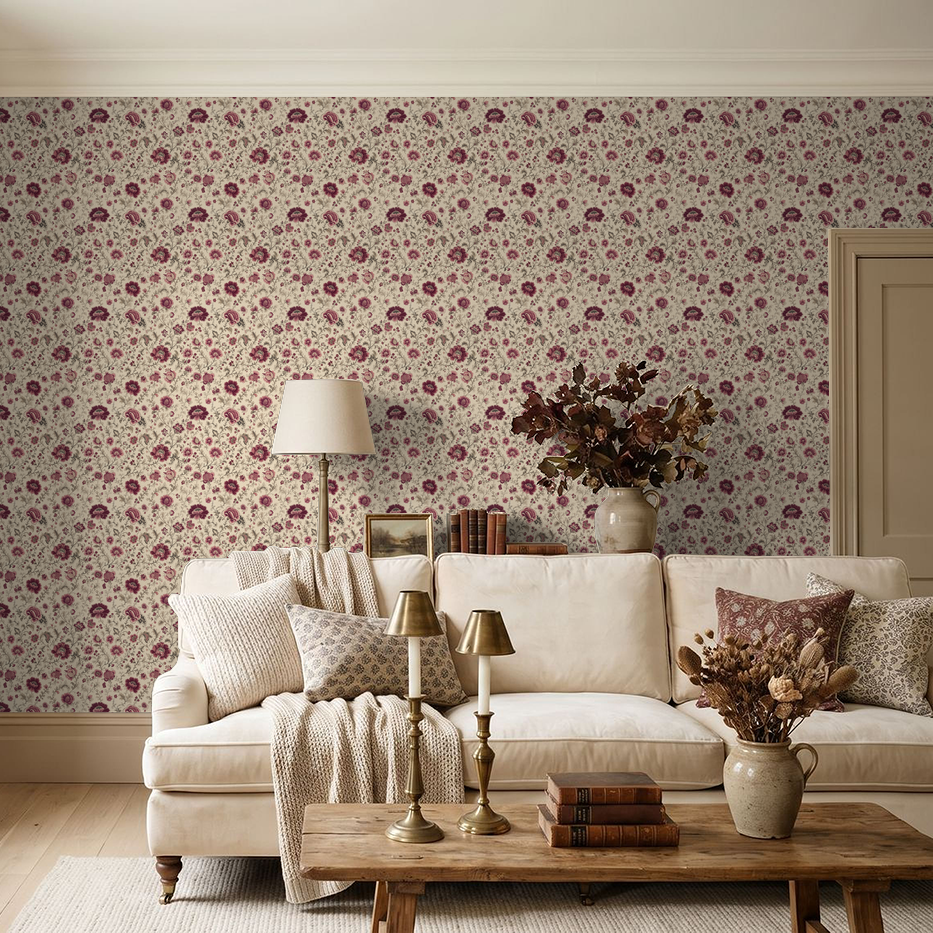 Mulberry Chintz floral wallpaper in cozy living room with beige sofa and decor.