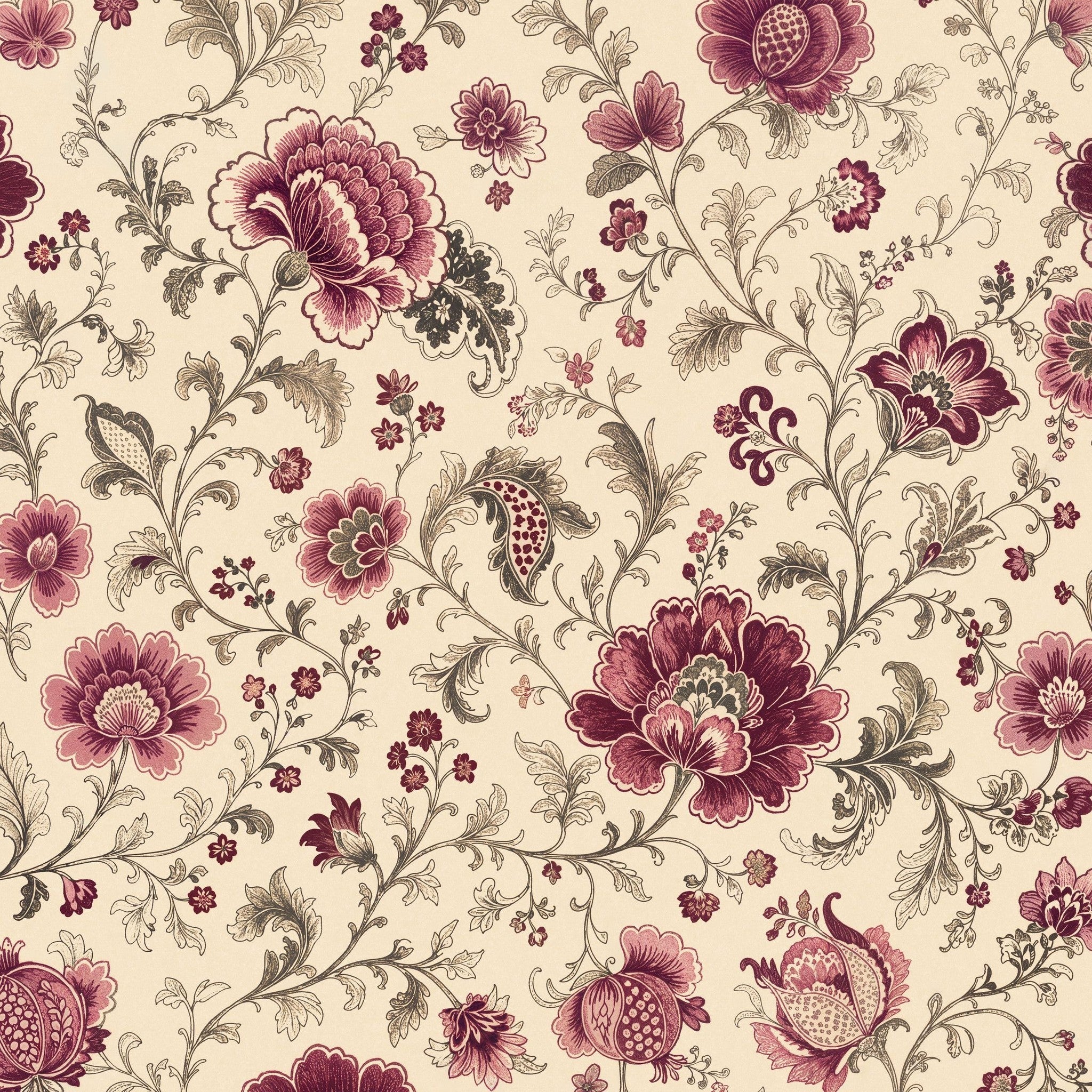 Mulberry Chintz wallpaper with maroon florals and vines on a muted backdrop.