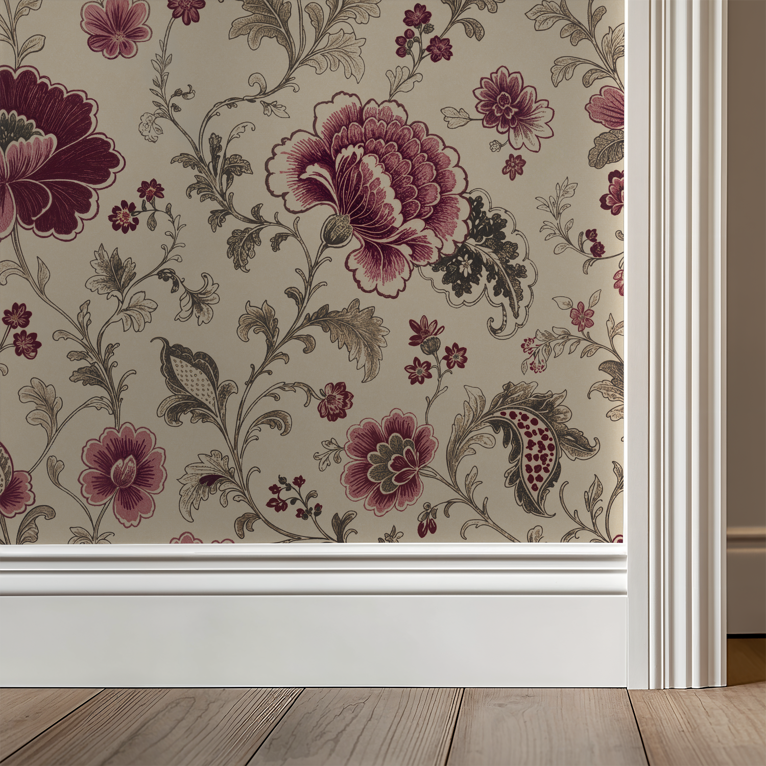 Mulberry Chintz floral wallpaper with maroon flowers and vines in elegant room setting.