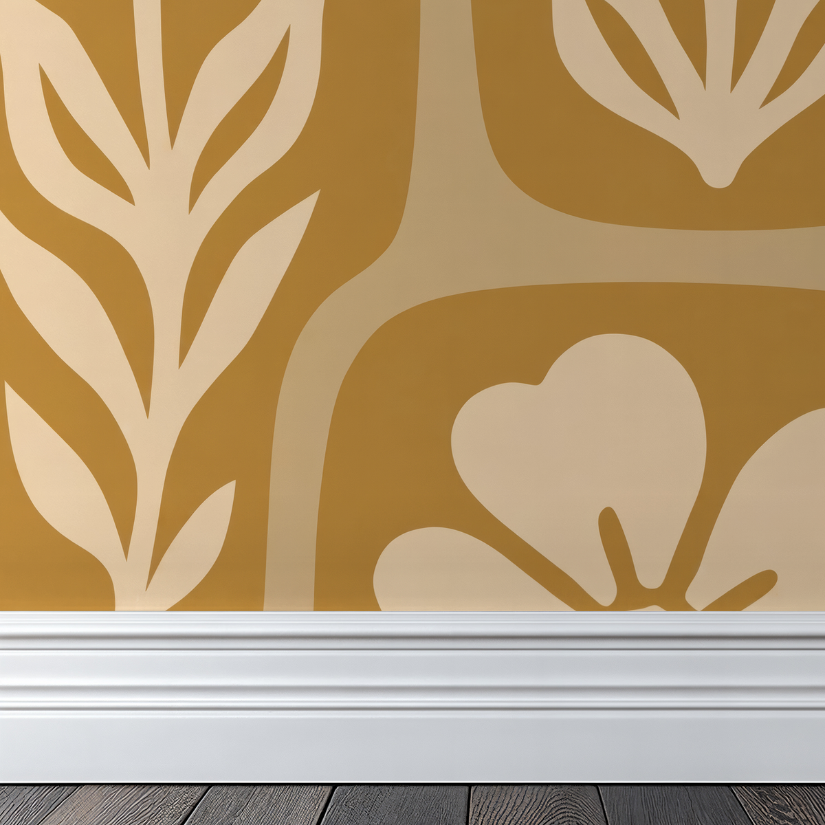 Mustard floral wallpaper with abstract botanical motifs in a room setting.