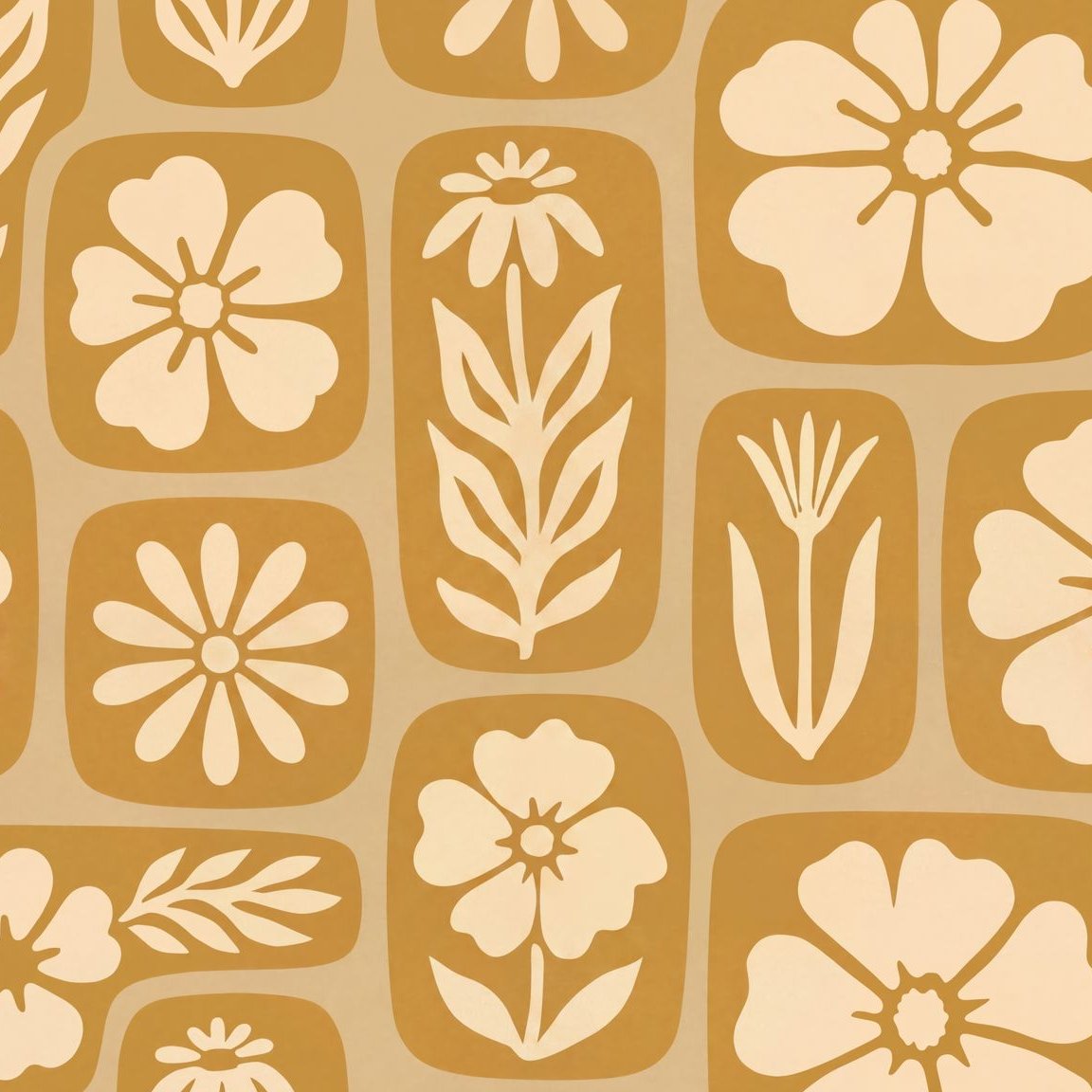 Mustard floral wallpaper with cream botanical motifs in rectangular frames.