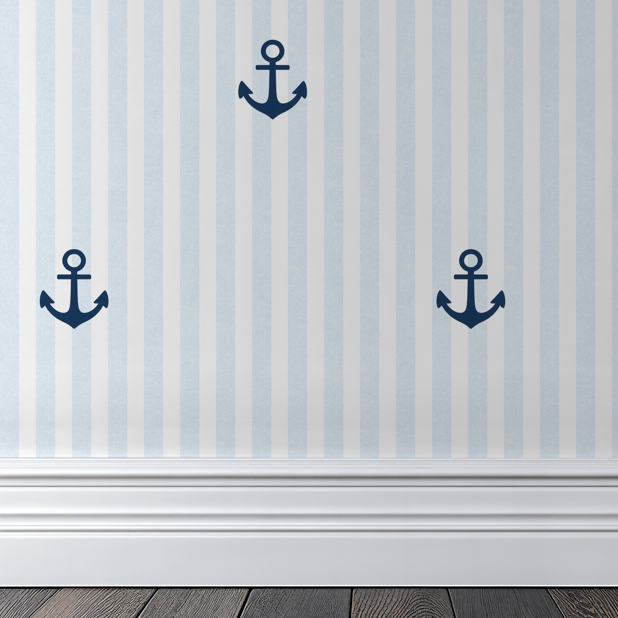 Nautical blue striped wallpaper with navy anchors in a modern room setting.