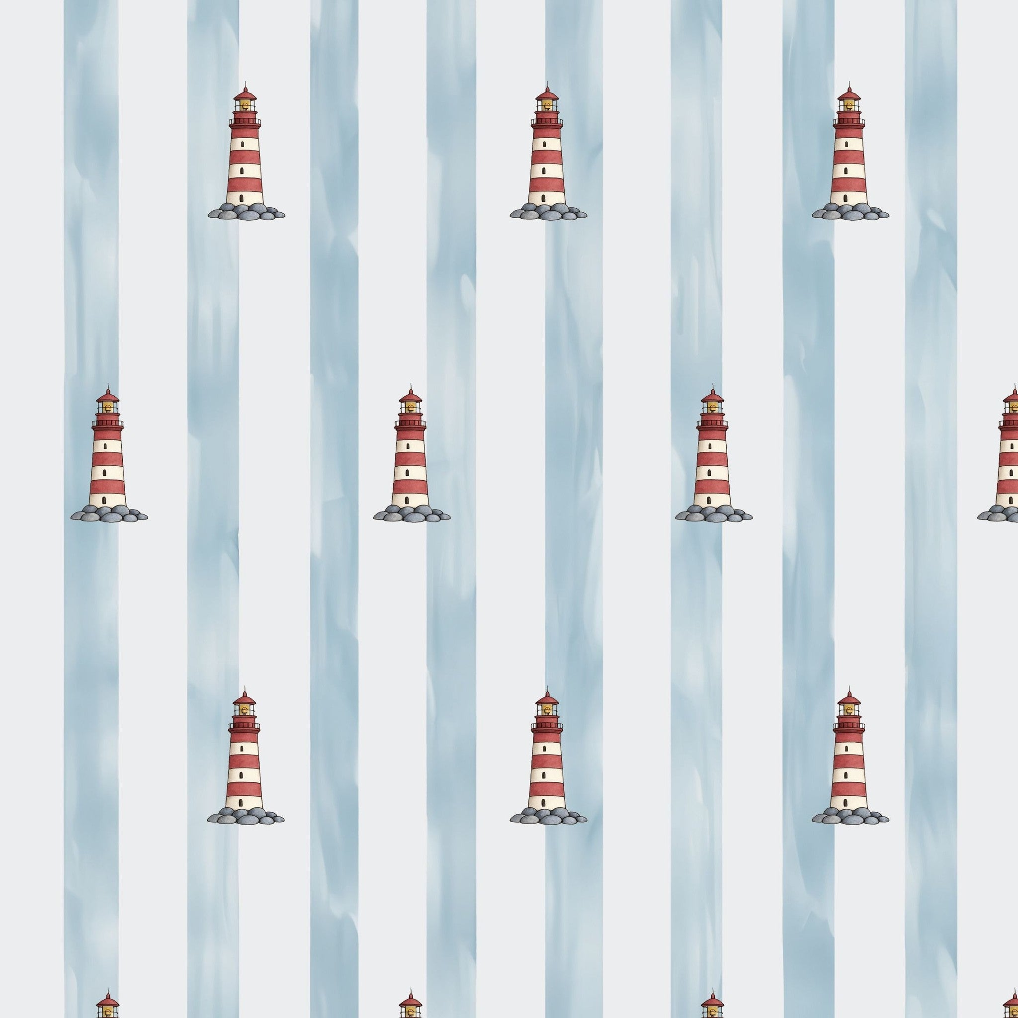 Nautical wallpaper with red lighthouses and blue watercolor stripes.