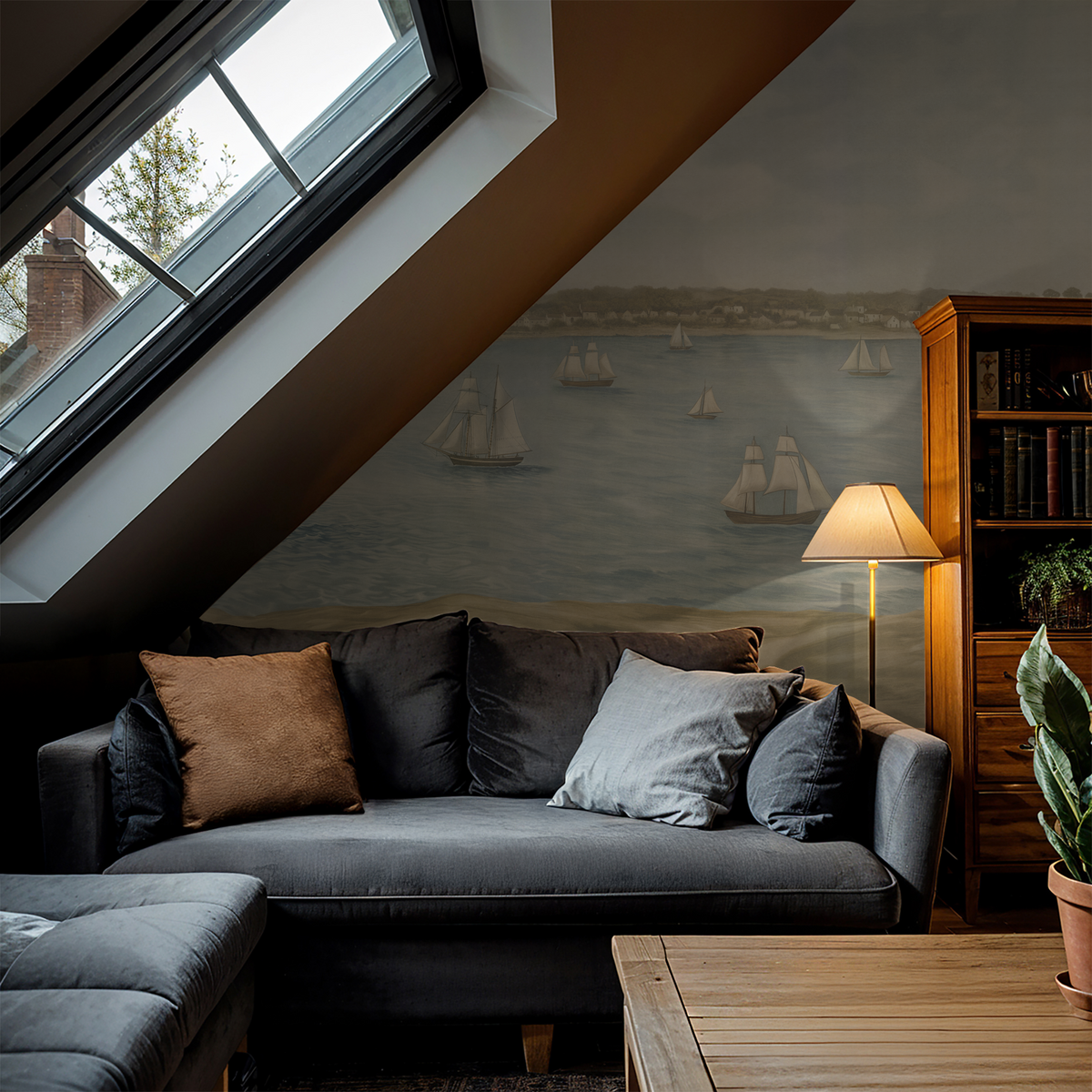 Nautical wallpaper with sailboats in cozy attic living room setting.