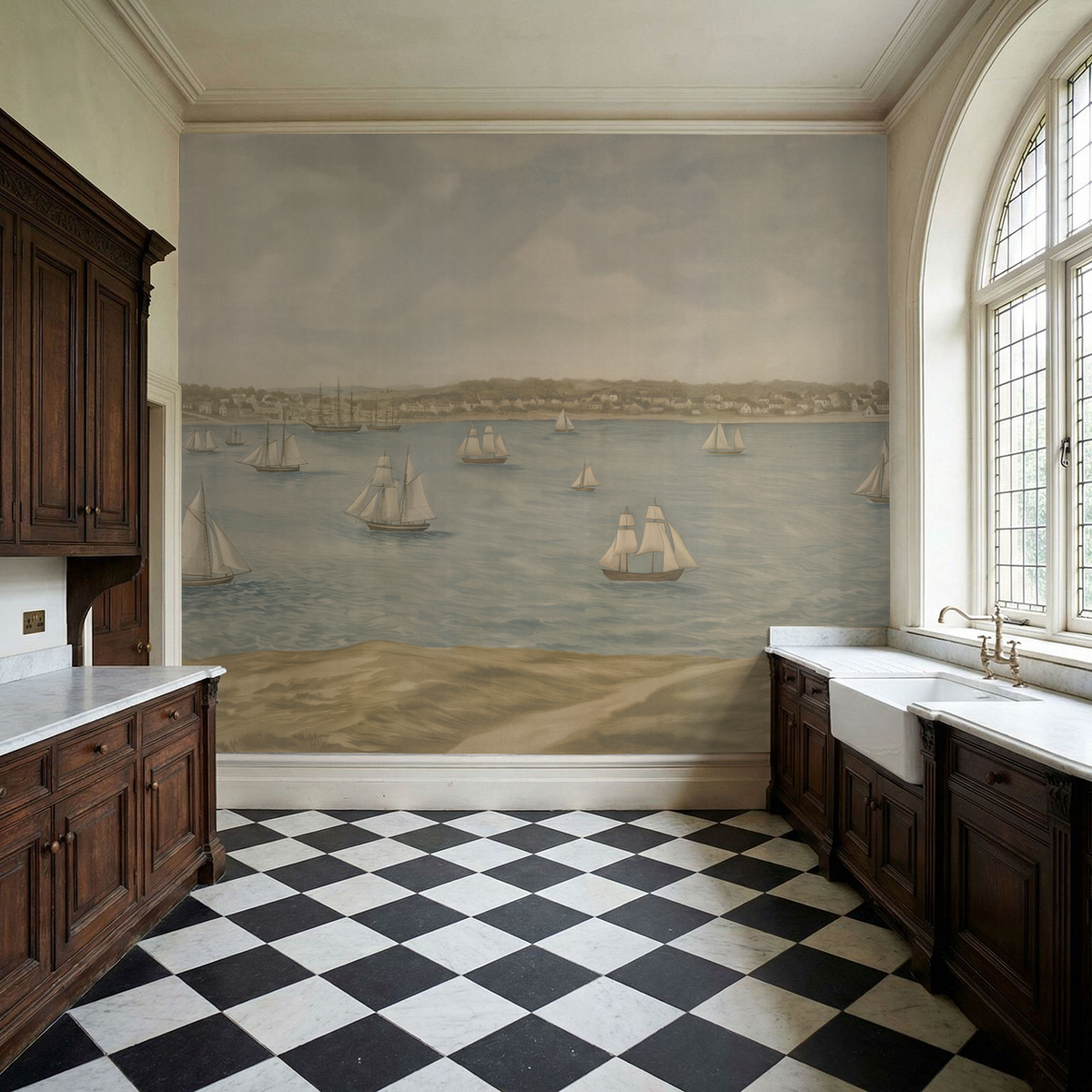 Nautical wallpaper with sailboats and coastal scene in vintage kitchen.